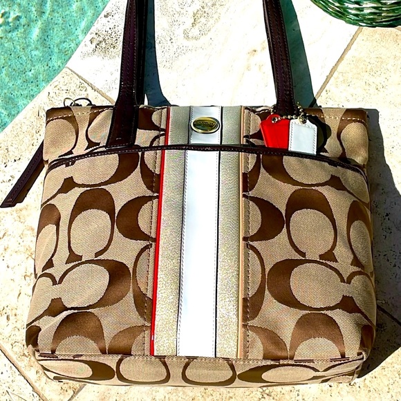 Coach Signature C Khaki/Vermillion Multi Stripe Tote/Shoulder Bag - Picture 4 of 17